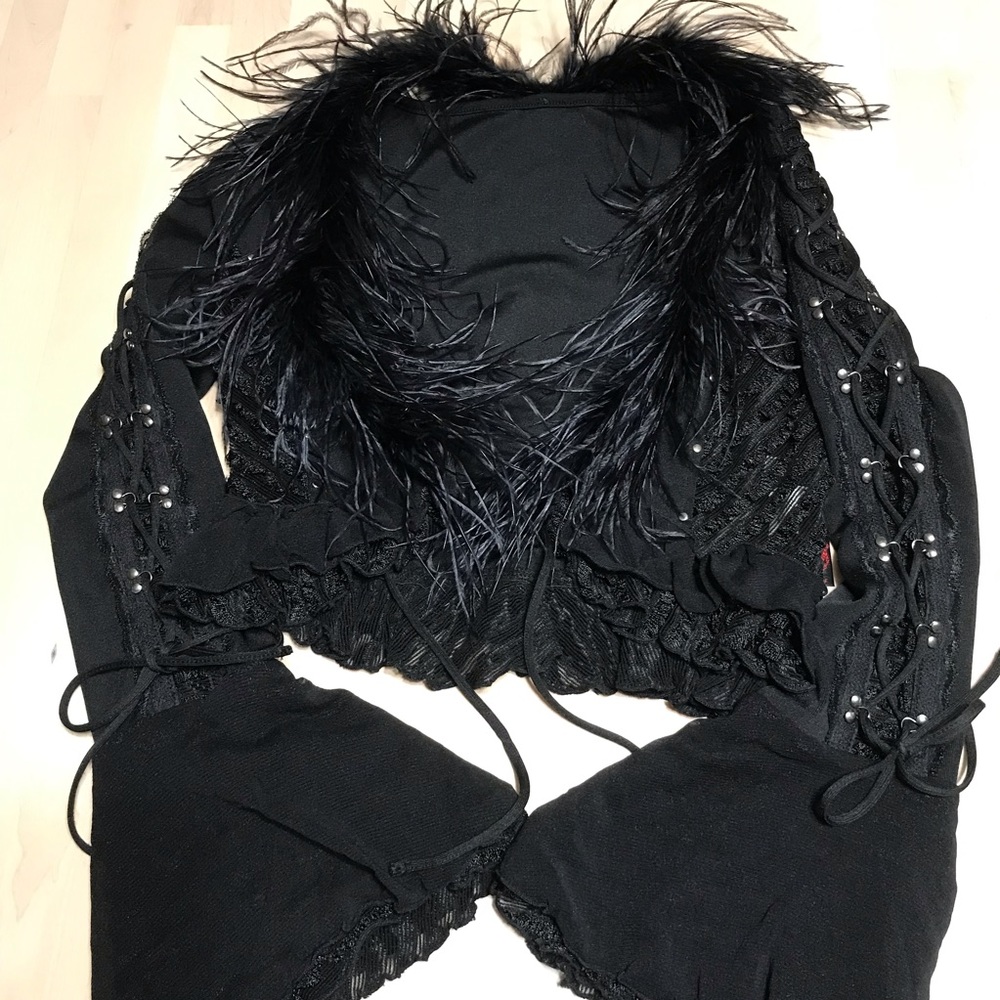 Ozz on ostrich feather bell sleeve lace up ruffle bolero